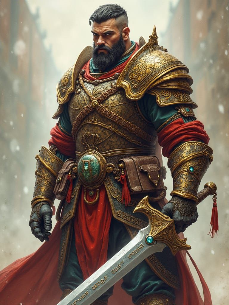 Fantasy Warrior with Clockwork Arm and Dragon Sword