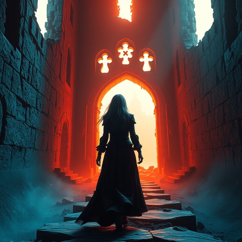 Ethereal Castle Encounter in Vibrant Triadic Hues