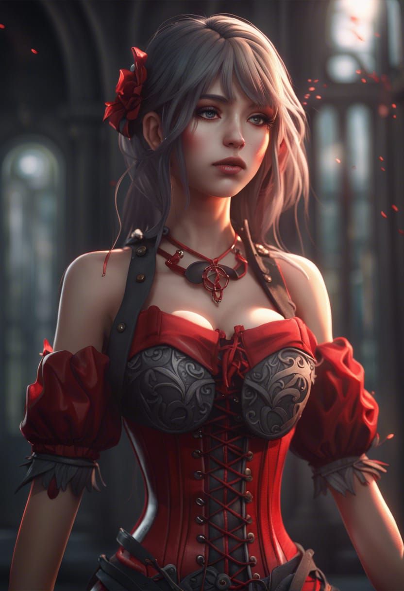 Anime Girl in Red Corset Against a Grey Background