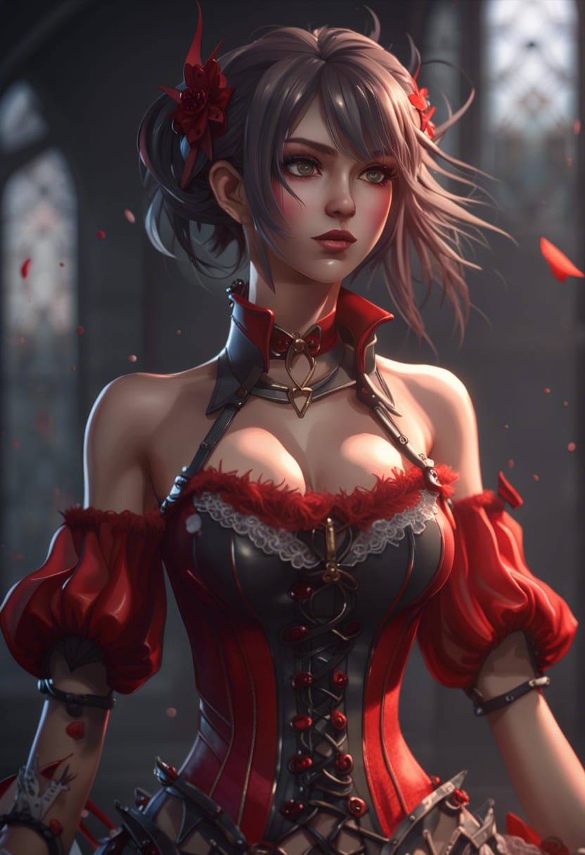 Fantastical Anime Girl in Red Corset, Set Against a Grey Bac...
