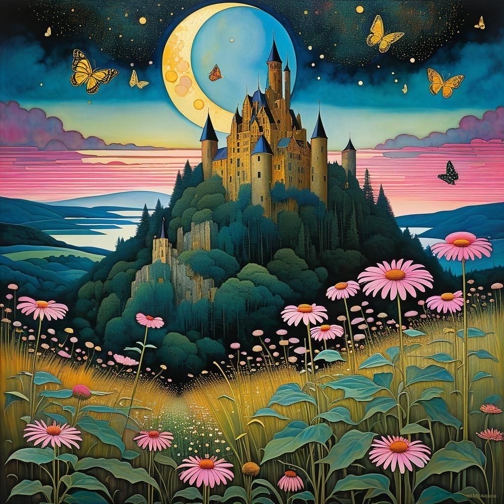 Surreal Golden Landscape with Cosmic Stars and Coneflowers