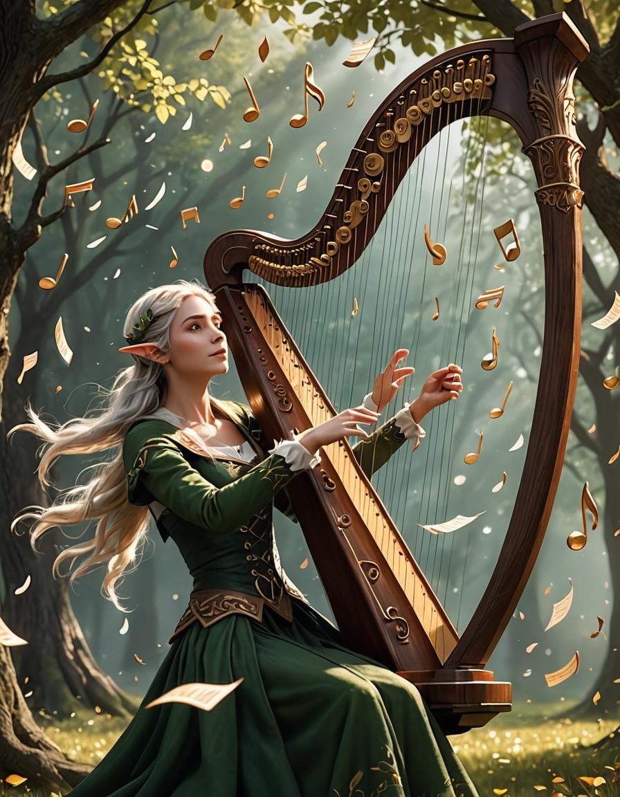 Music Notes Escaping a Harp in a Whimsical Scene