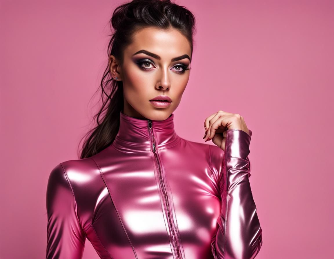 Hyperrealistic Photo of Woman in Latex Catsuit