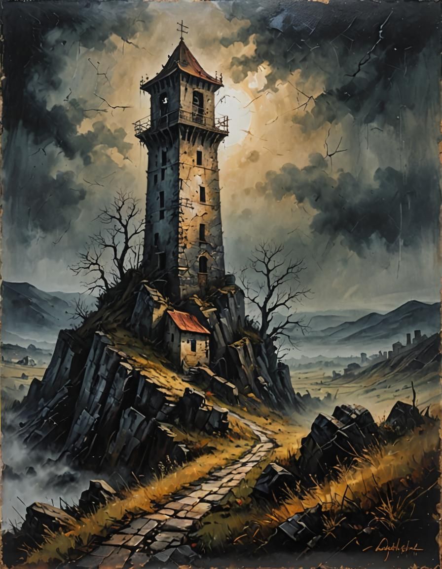 Dramatic Landscape with Ancient Watchtowers: Dark Fantasy Pa...