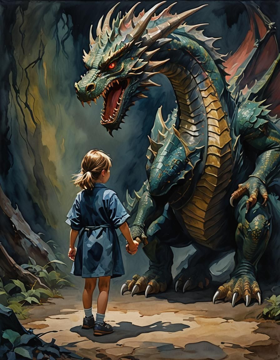 Siblings Confronting Dragon in Impressionist Style