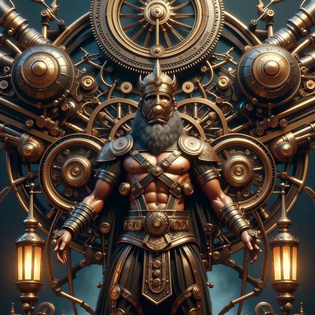 Steampunk Ares God of War Amidst Industrial Ruin