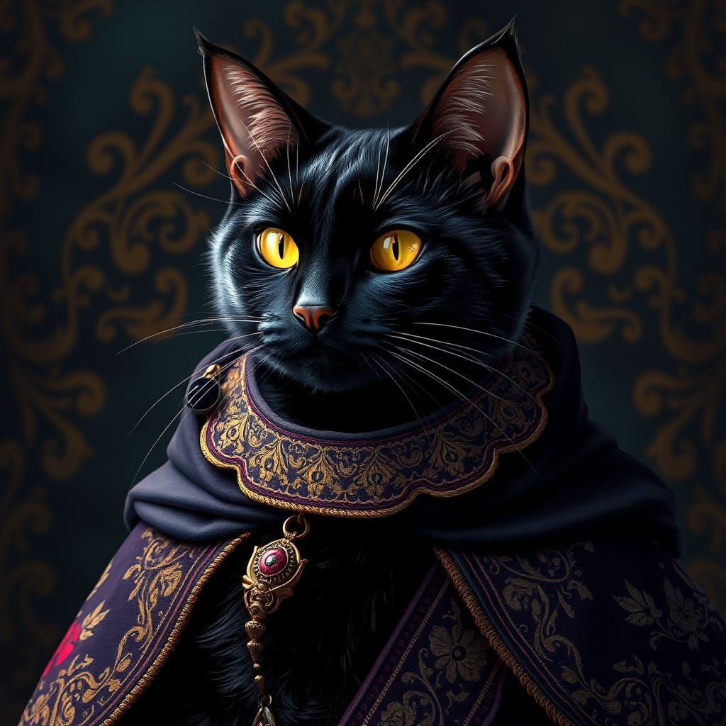 Regal Black Cat Portrait in Ornate Victorian Style