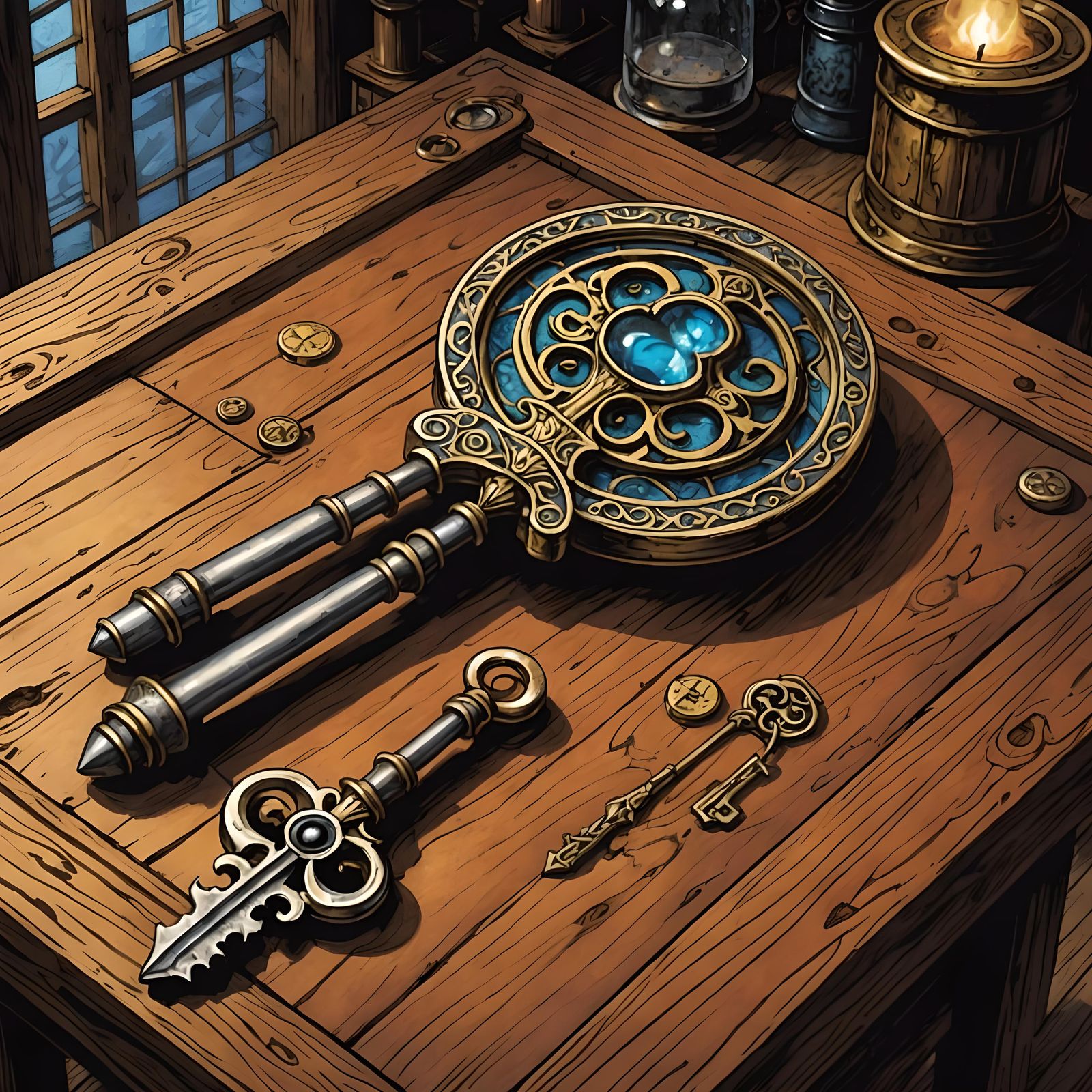 Magic Key in Alchemy Lab: Comic Book Illustration