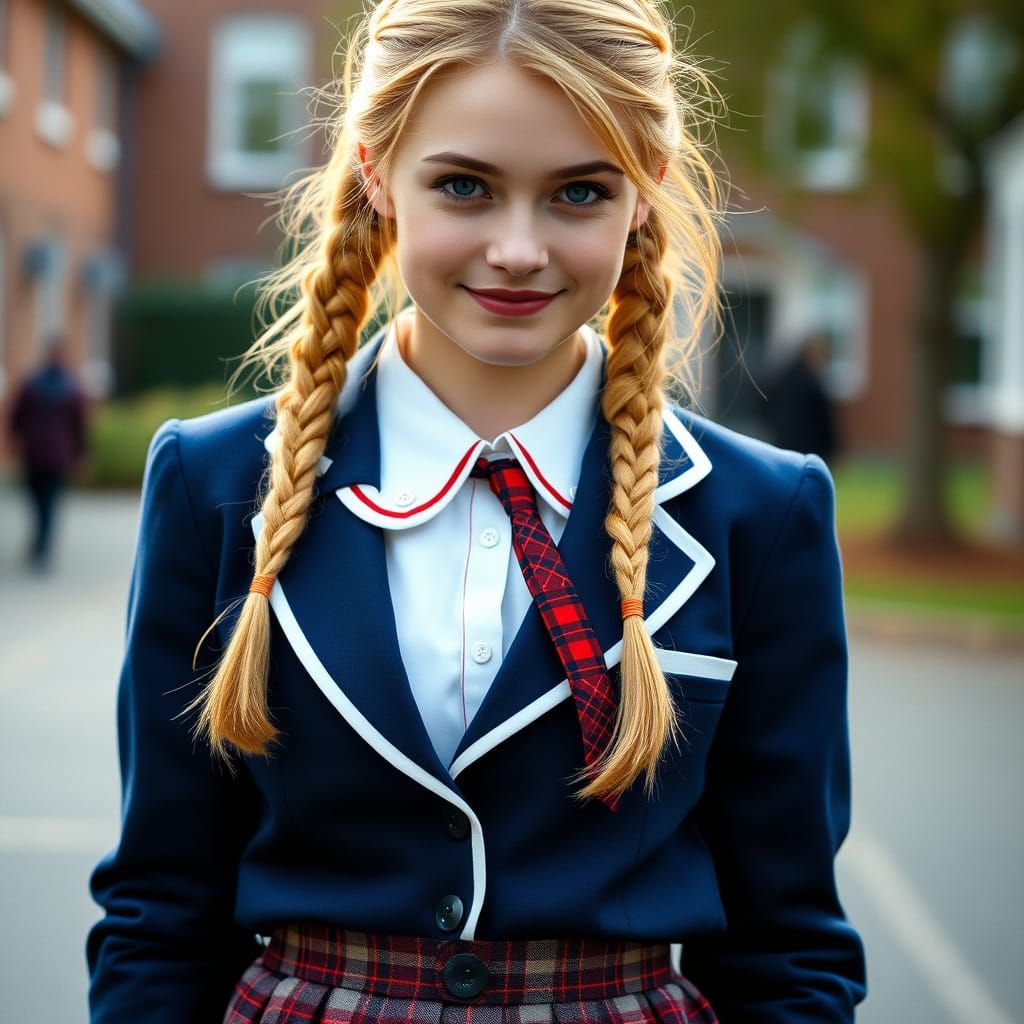 Mid-Century Inspired Schoolgirl with Piercing Eyes and Misch...