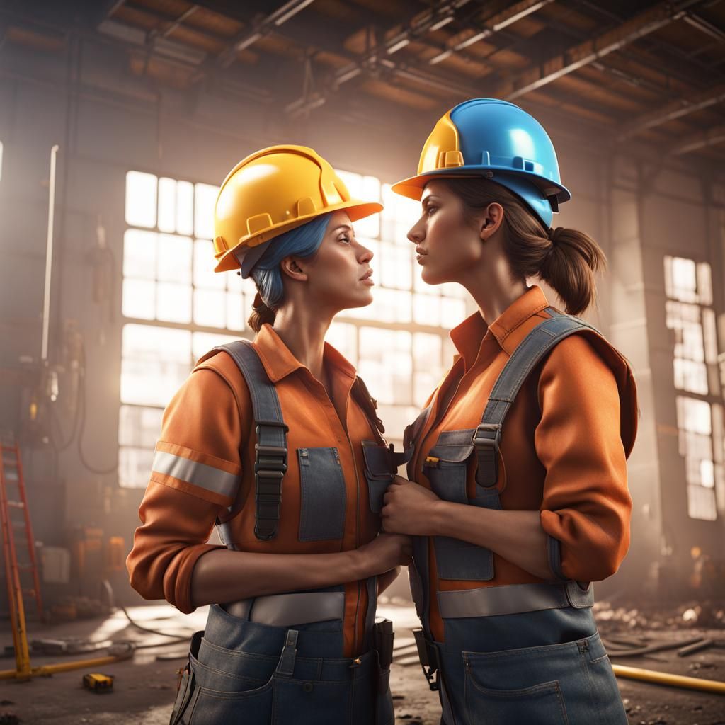 Female Construction Workers Kiss in Cinematic 3D