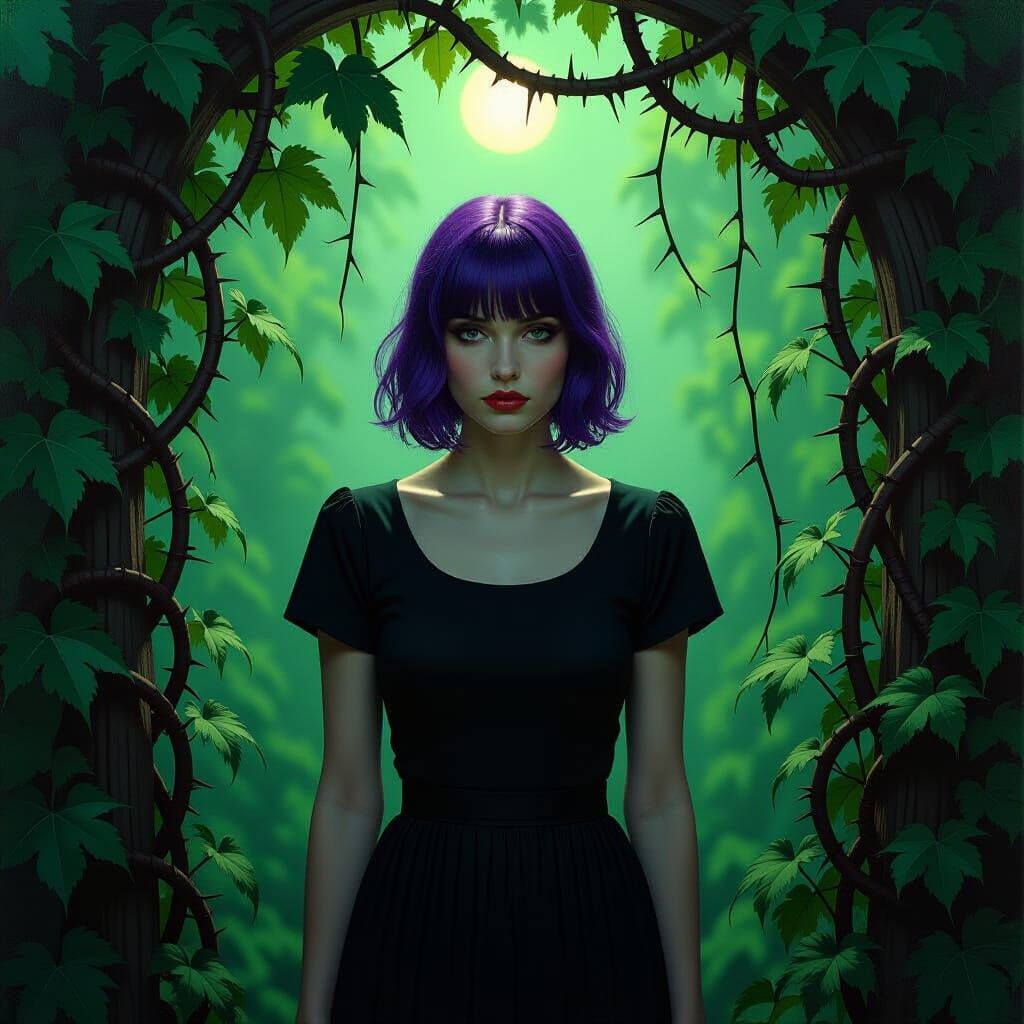 Woman in Overgrown Garden Dark Impasto Painting