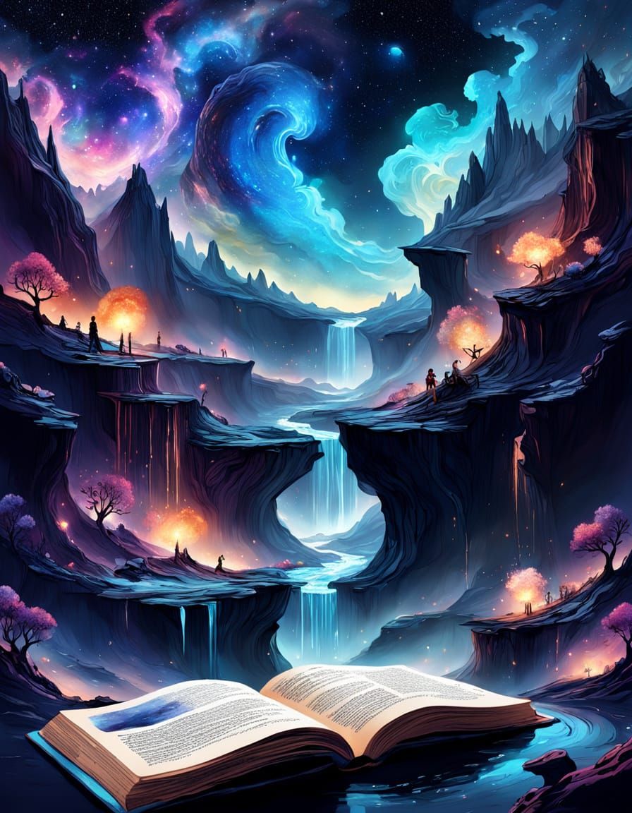 Cosmic Ink Rivers and World Pages with Ethereal Light