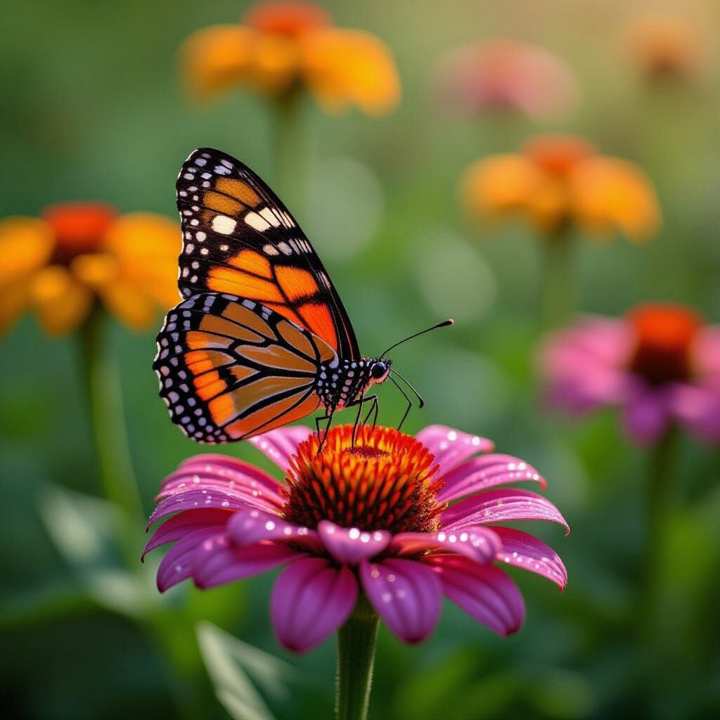 Butterfly Sipping Nectar in Tropical Garden Macro Photo