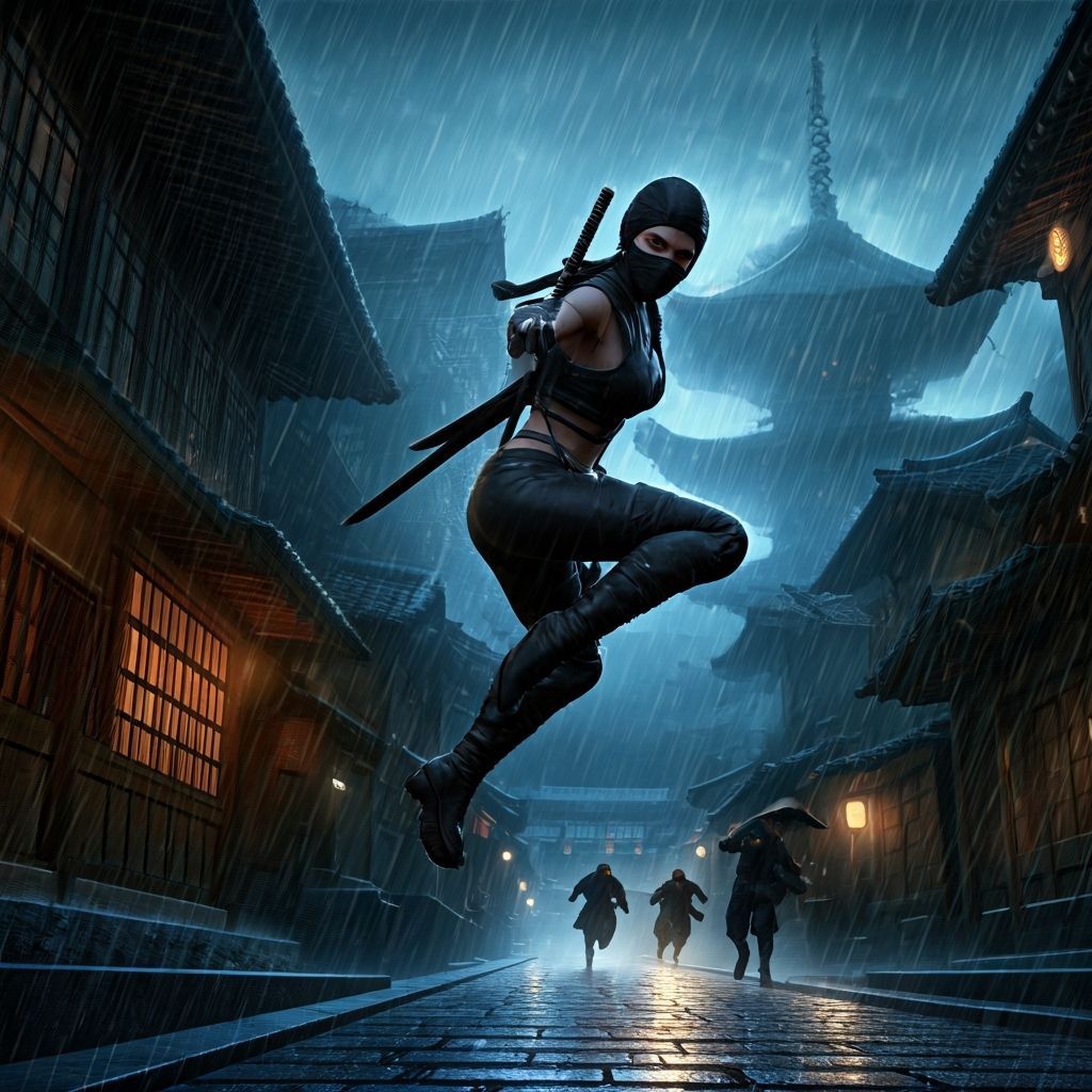 Ninja Mid-Leap in Rain-Soaked Japanese Street