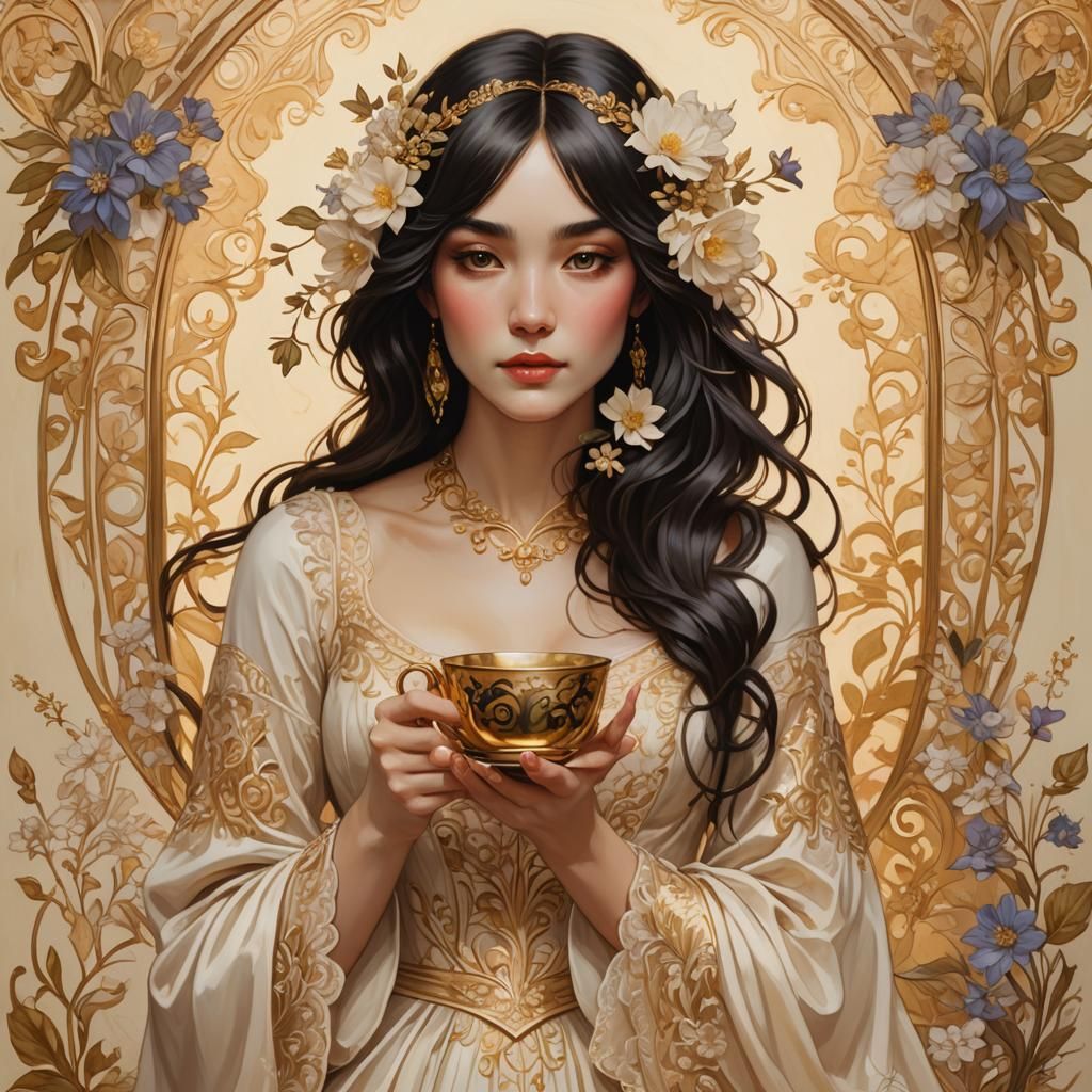 Fantasy Woman with Tea Cup in Art Nouveau Style