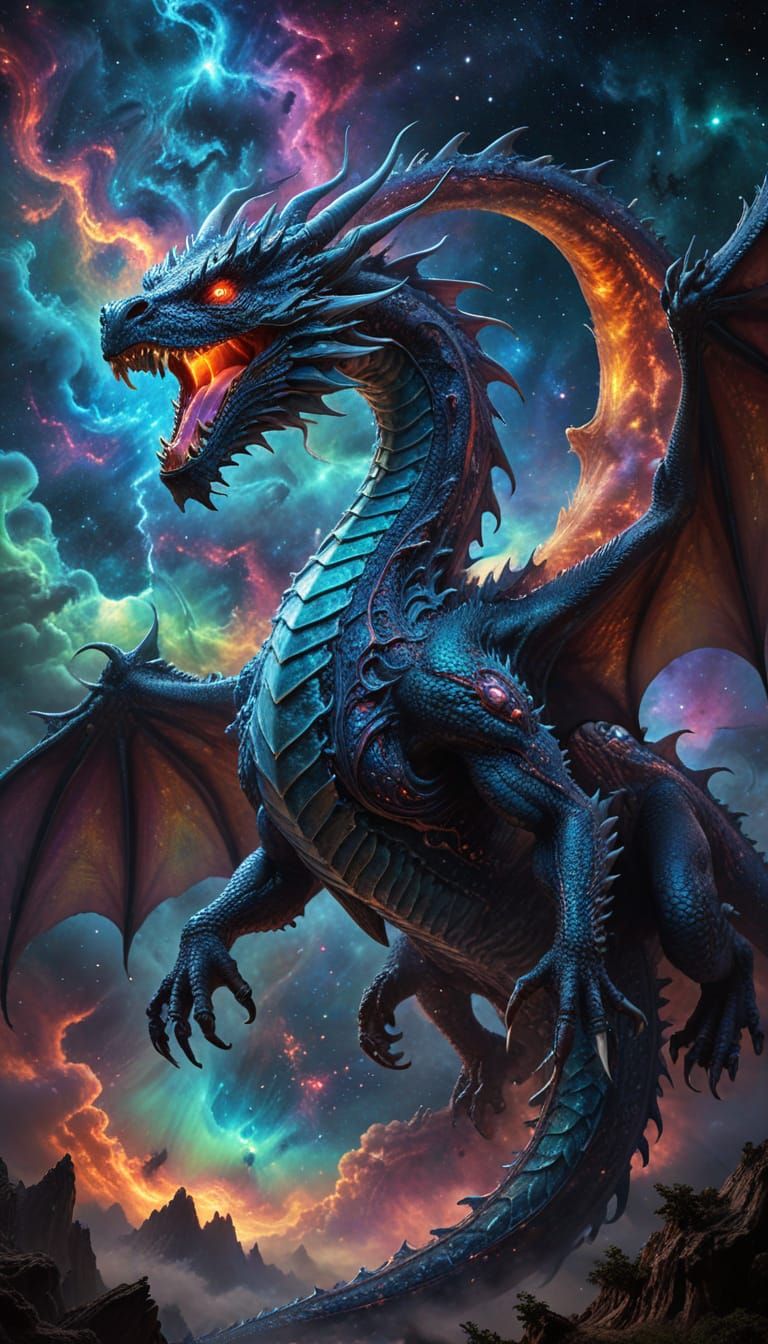 Celestial Dragon Soaring Through Nebula: Surreal Sci-Fi Art