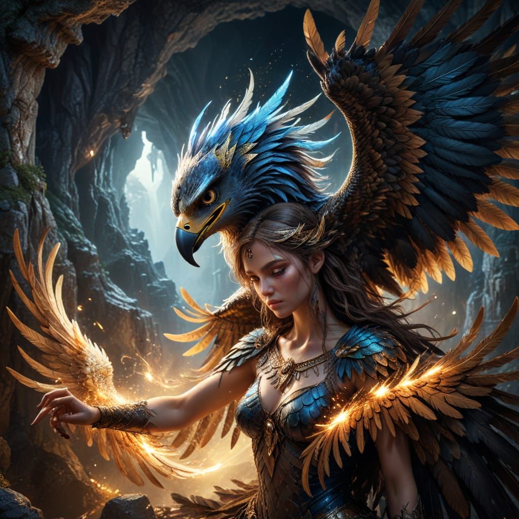 UNE CREATURE FICTIVE QUI RESSEMBLE a La Harpie qui  possède une tête tres belle, beaux yeux et longs cils, cheuveux long...