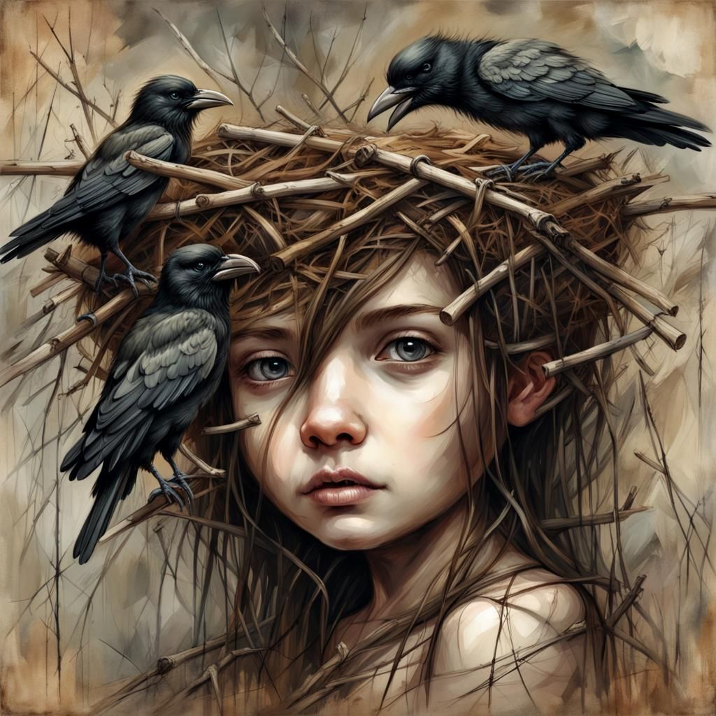 Crow Chicks in Cozy Nest: Detailed Digital Art
