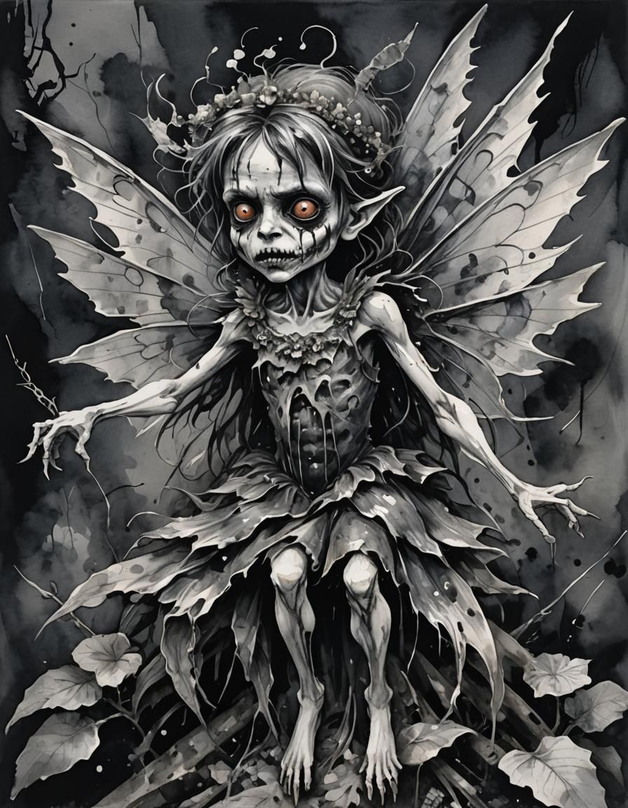 Rotting Fairy in Grayscale Gouache Style