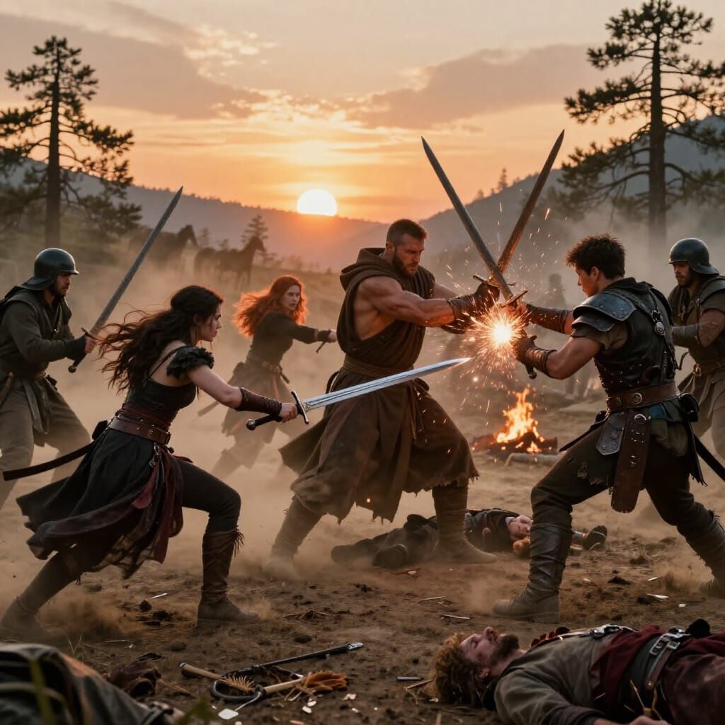 Grimdark Fantasy Heroes Battle Soldiers in Mountain Pass