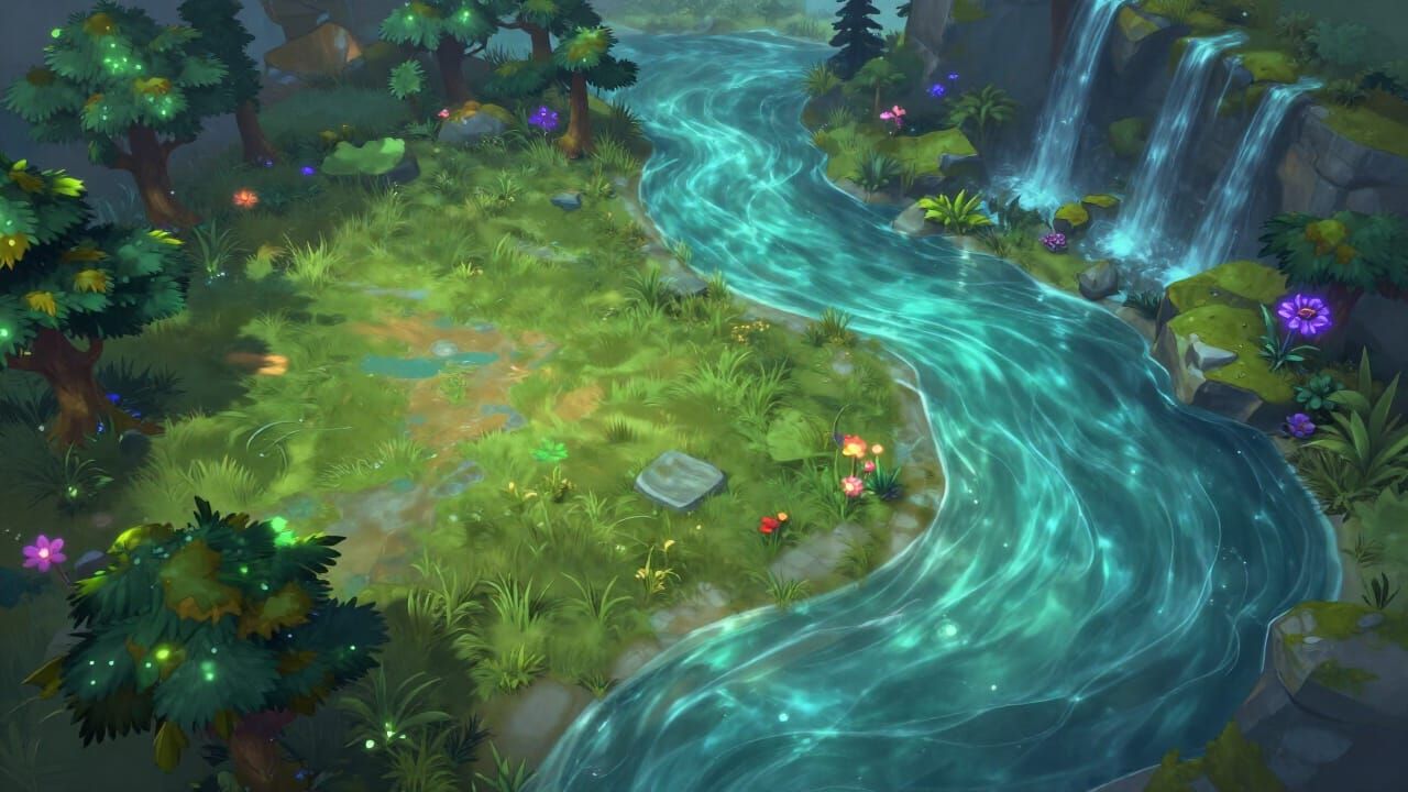 Dota 2 Nature Scene With Glowing River and Painterly Texture...