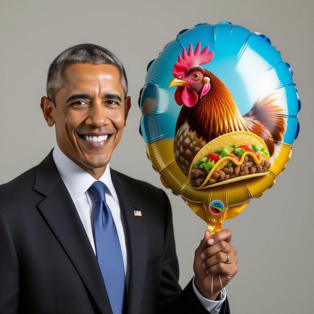 Obama Holds Chicken Taco Balloon in Photorealistic Style