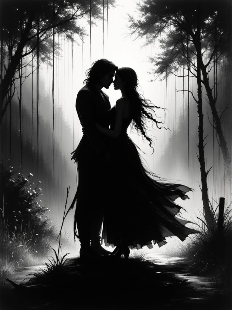 Couple Embracing in Backlit Silhouette Charcoal Drawing