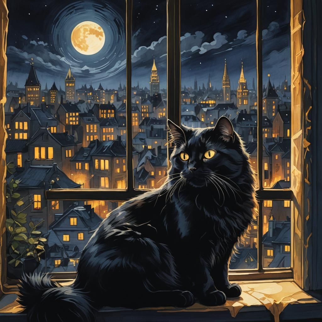 Jewel-Toned Black Cat on Windowsill Illustration