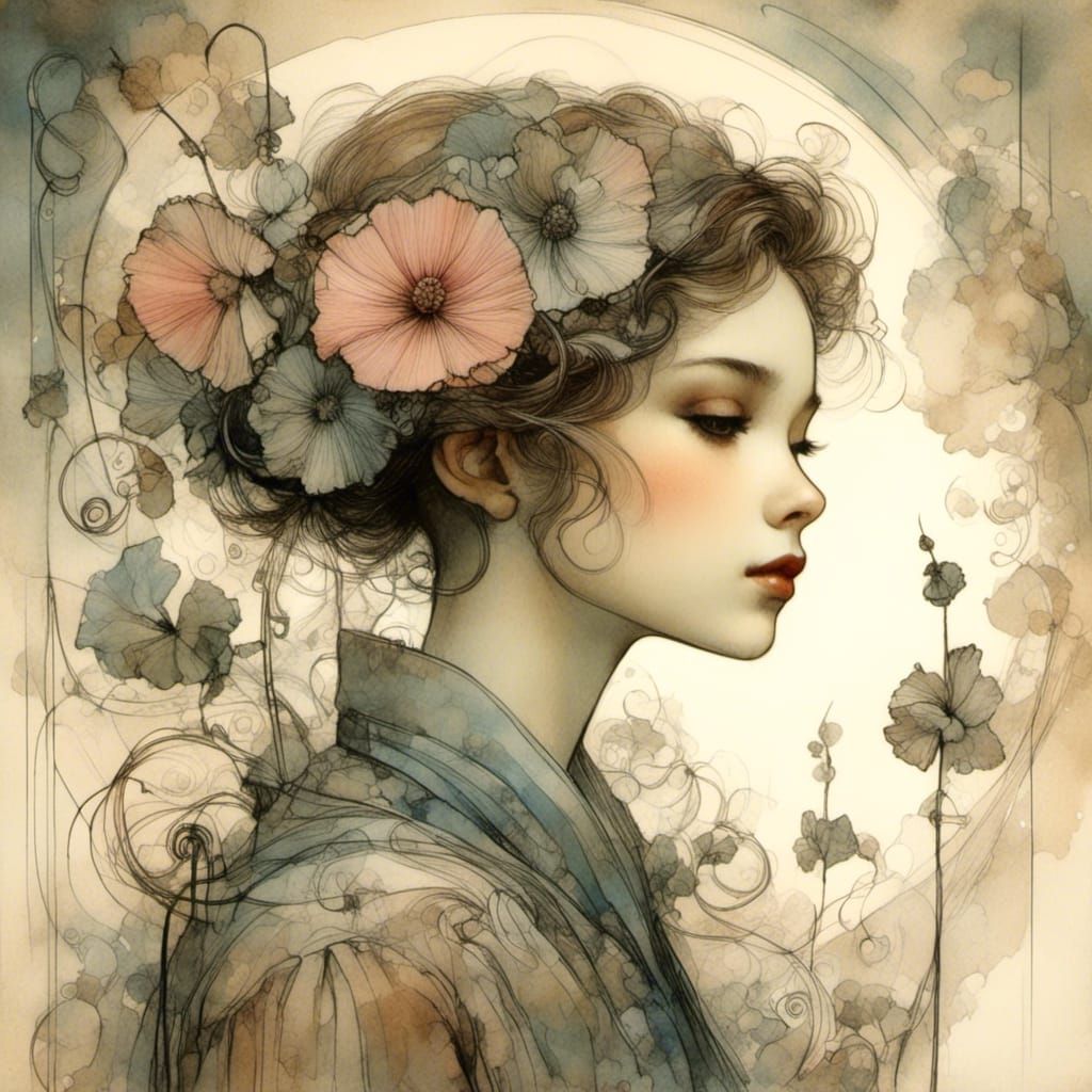 Whimsical Hollyhock Flower Illustration