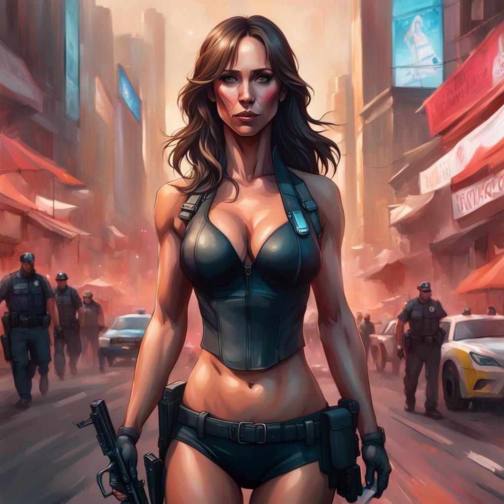 Bikini Cop Arrests Criminal: Hyperdetailed Concept Art