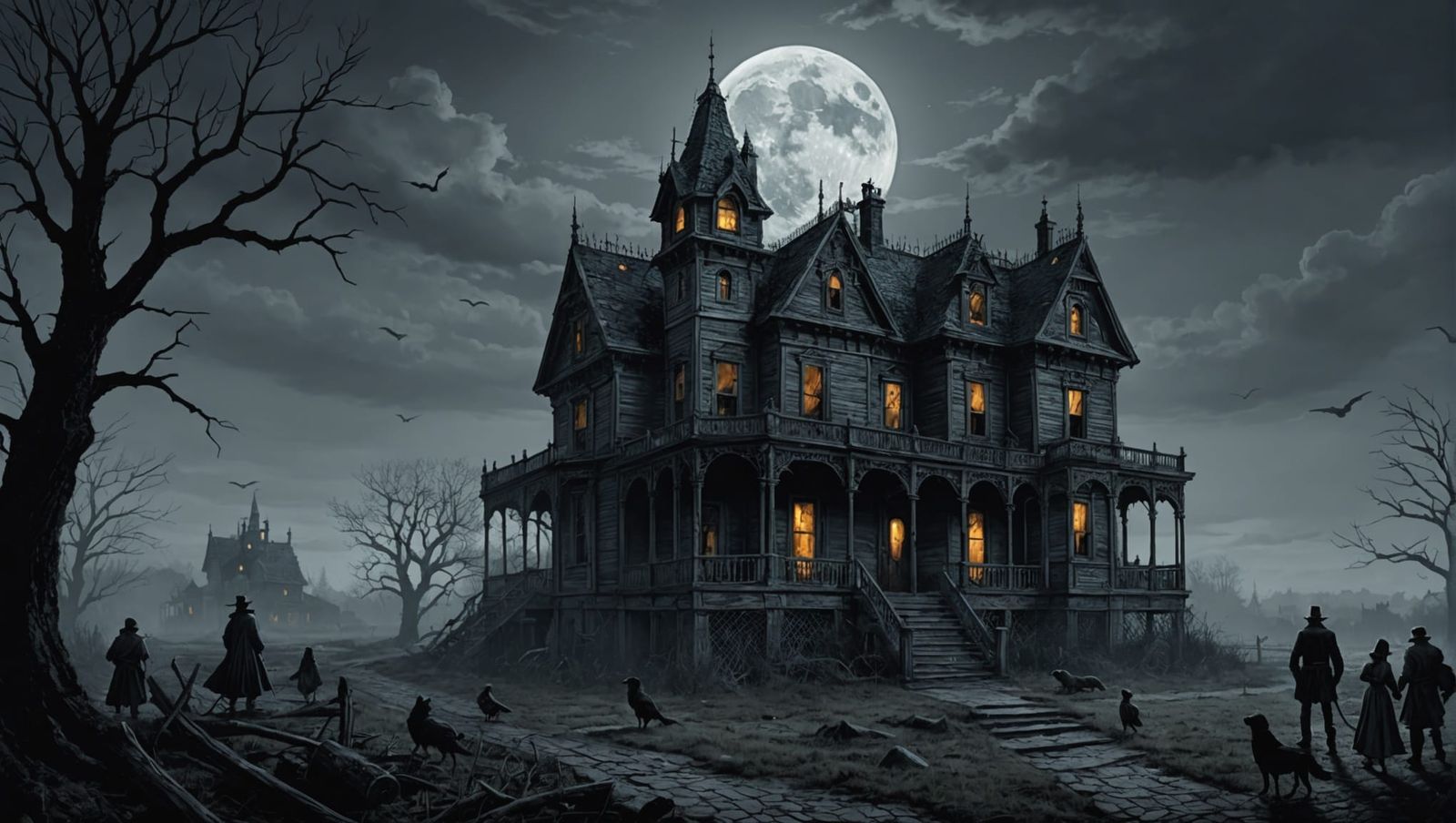 Haunted House Under Rising Moon: Dark Fantasy Art