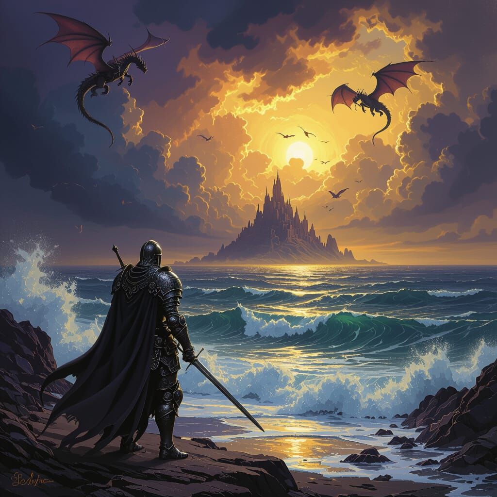 Knight Gazes at Mystical Island in Stormy Seas