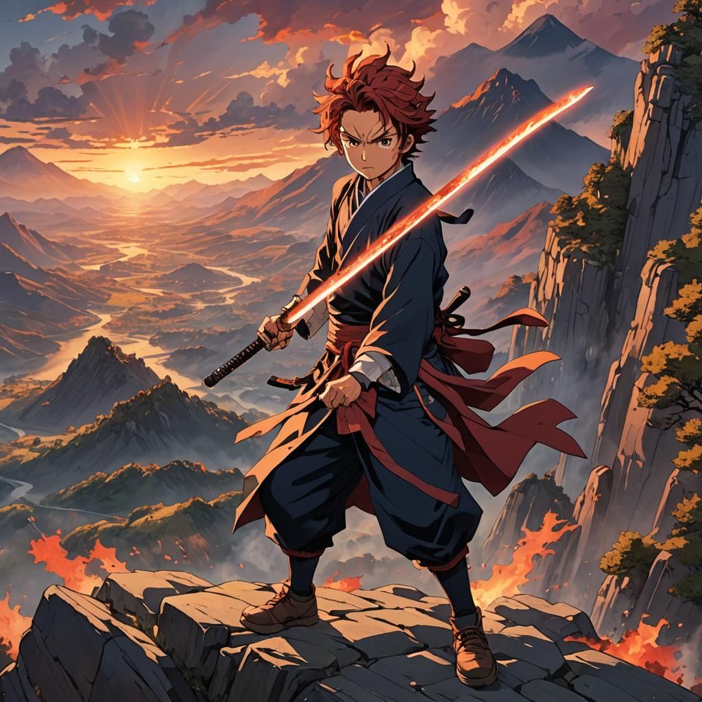 Tanjiro Kamado at Sunset: Anime-Style Digital Painting