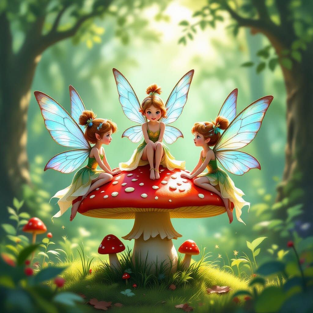 Magical Fairies in Forest Scene, Storybook Illustration Styl...