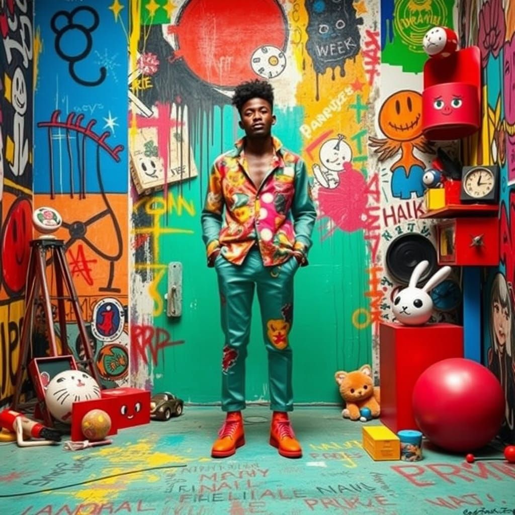 Vibrant Figure in Basquiat-Inspired Pop Art Style