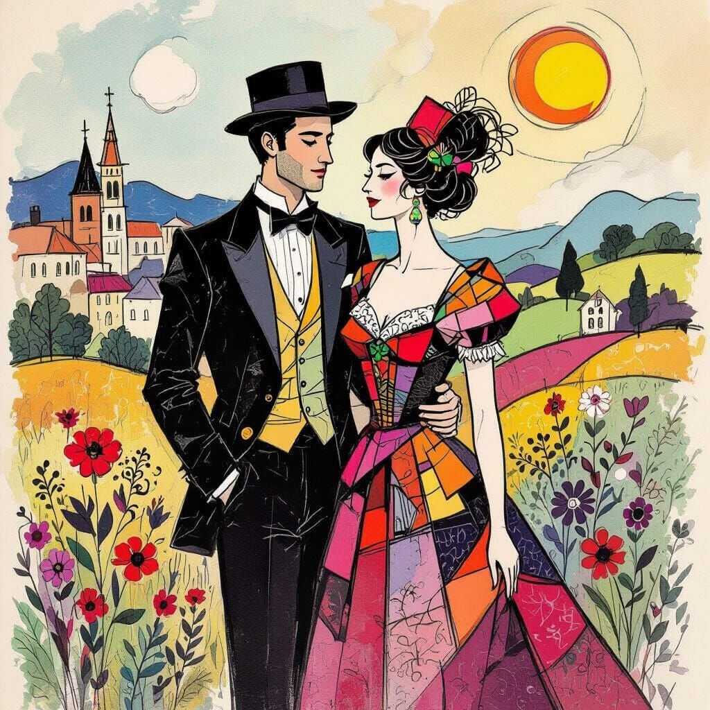 Avant-Garde Couple in Dadaist Drawing Style