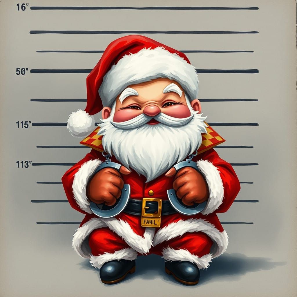Chibi Santa Claus in Vintage-Style Handcuffs