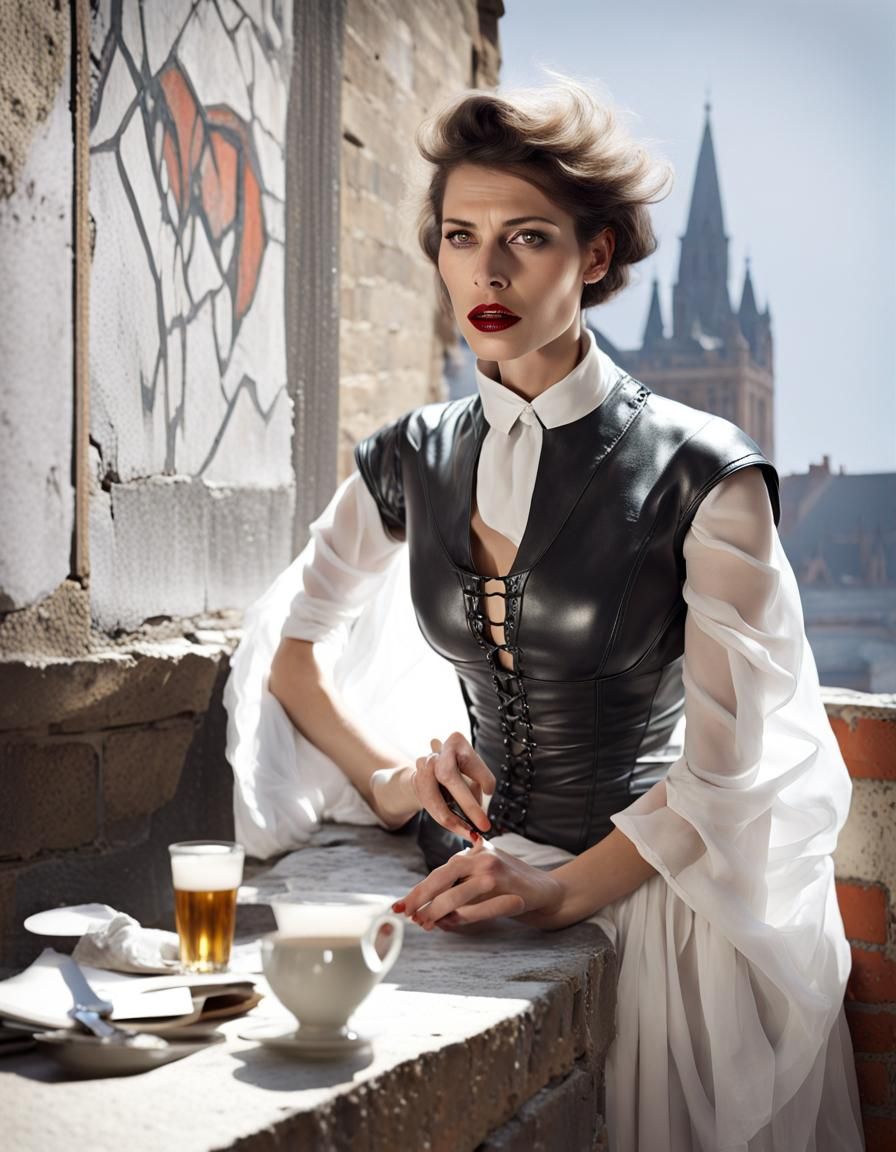 Weary Woman by Ancient Wall, Surreal Emotional Realism