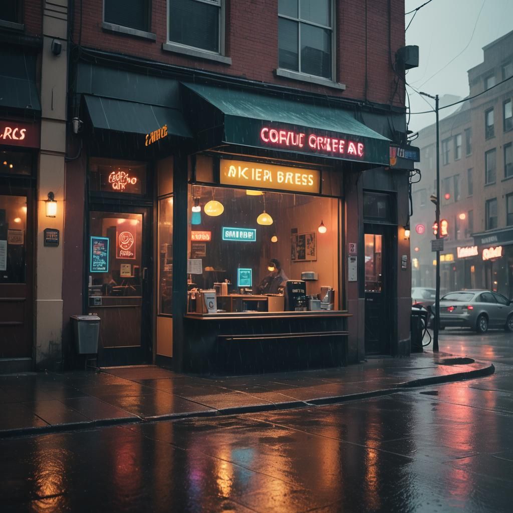 Cozy Coffee Shop with Alien, Cinematic Film Still
