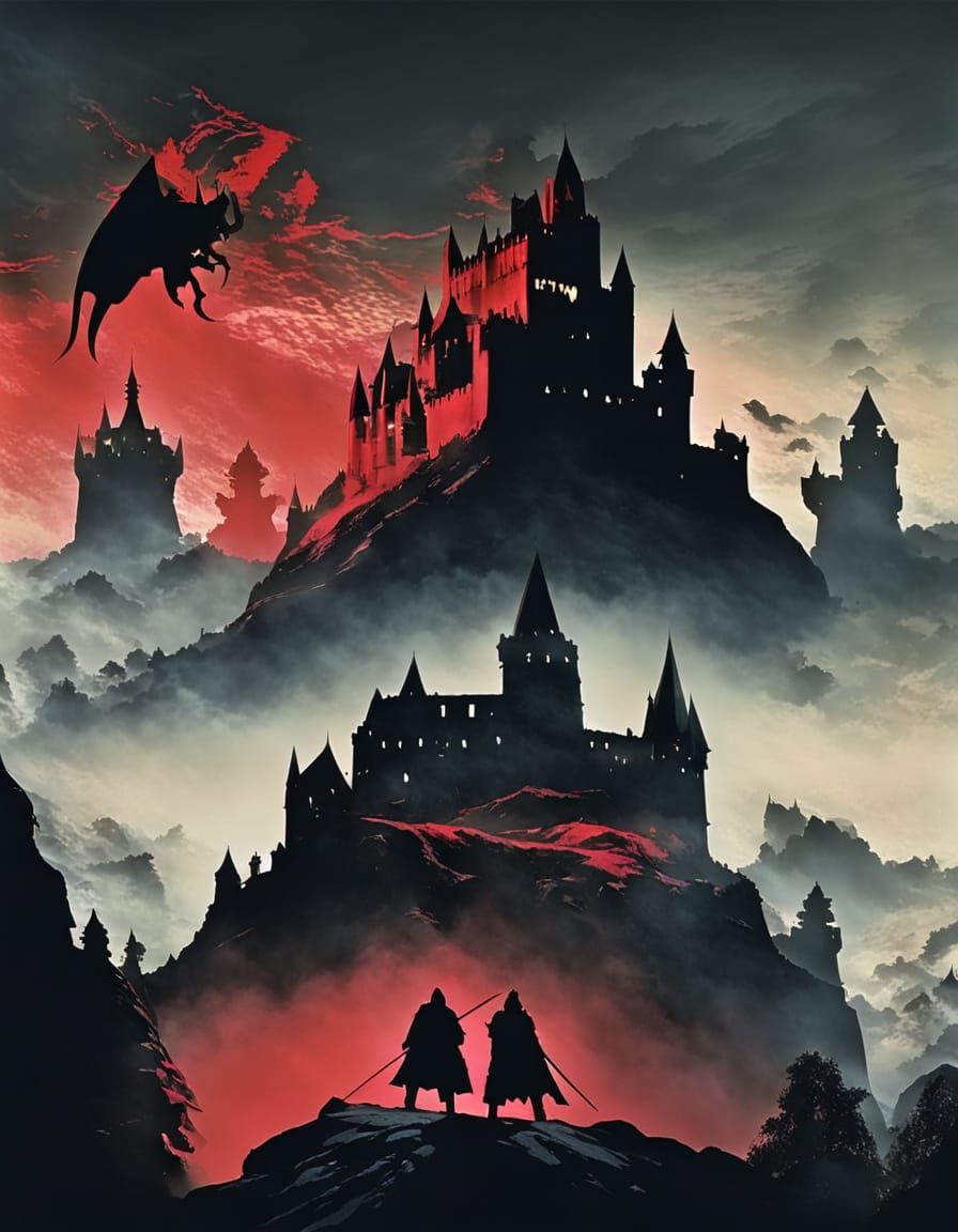 Dark Vampire Castle Confrontation in Silhouette