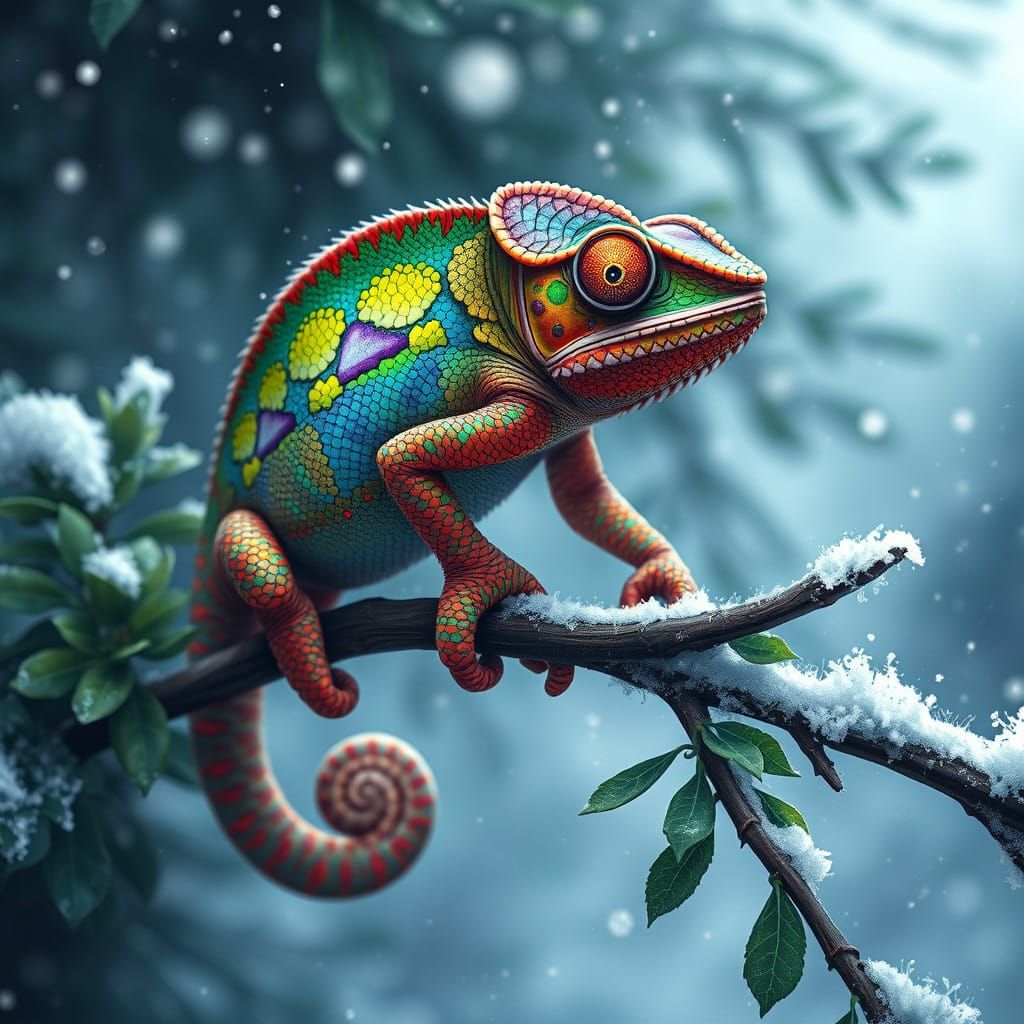 Iridescent Chameleon on Frosty Branch in Winter Wonderland