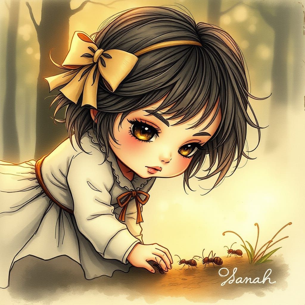 Cute Doll Child with Glowing Eyes in Misty Wood