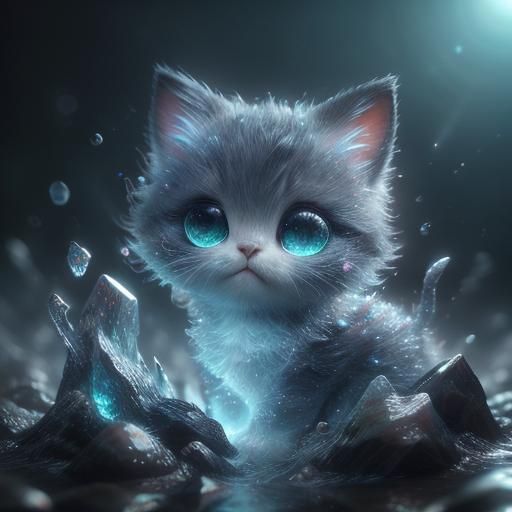 Kitten Ghost Contemplates Reflection in Cosmic Illustration