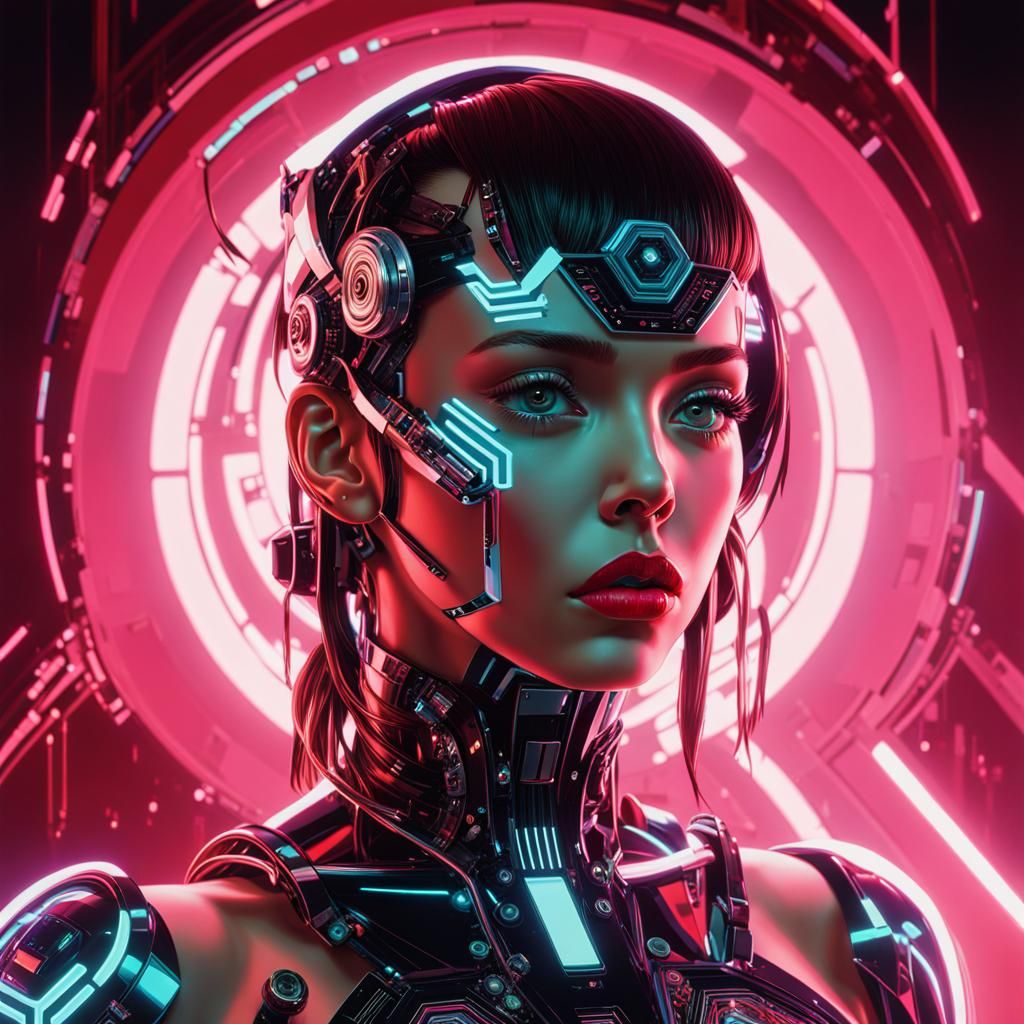 Luminescent Cyborg Girl Portrait in Glitch Art Style