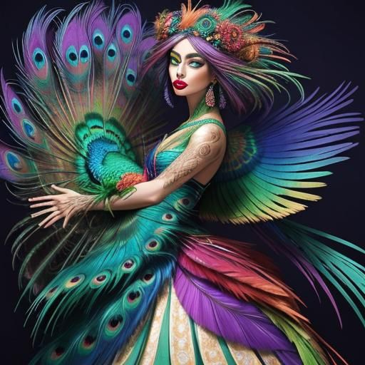 Rainbow Woman Portrait with Peacock Feathers in Surreal Styl...