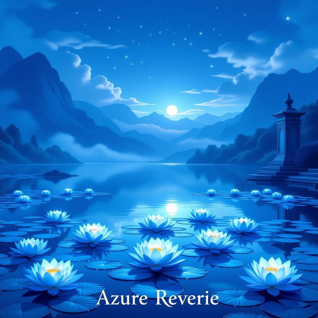 Cinematic Azure Reverie Landscape with Glowing Lotus