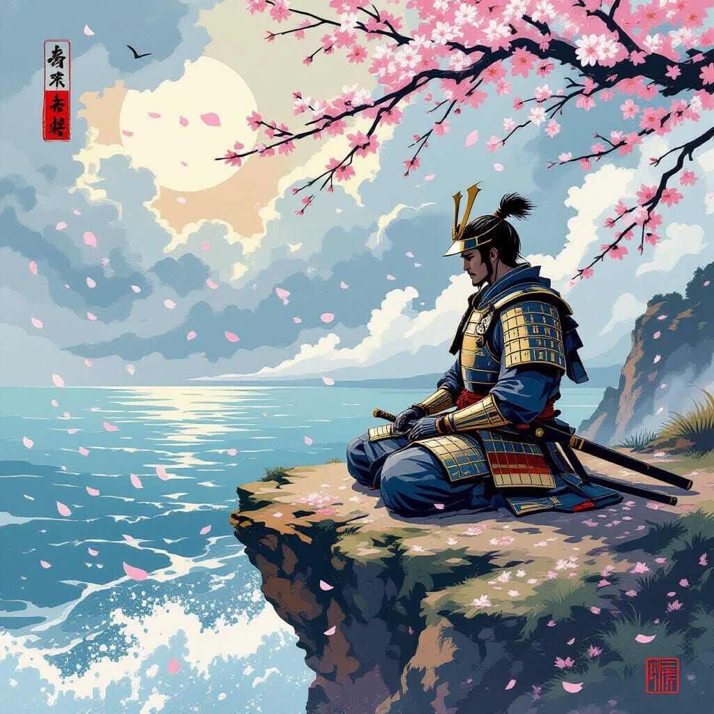 Samurai Meditating on Cliff Edge in Ukiyo-e Style