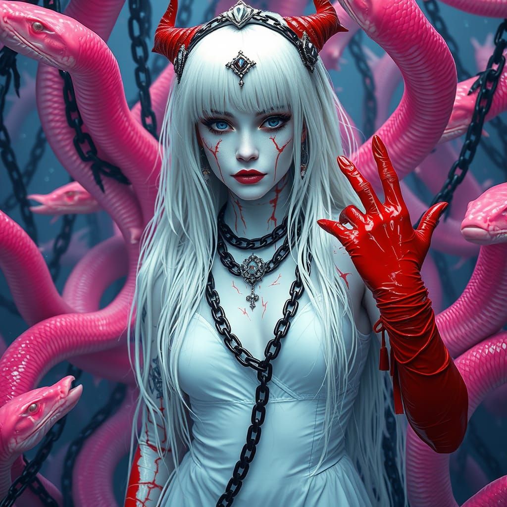 Albino Goddess in Dystopian Cyberpunk Bioluminescent Ocean