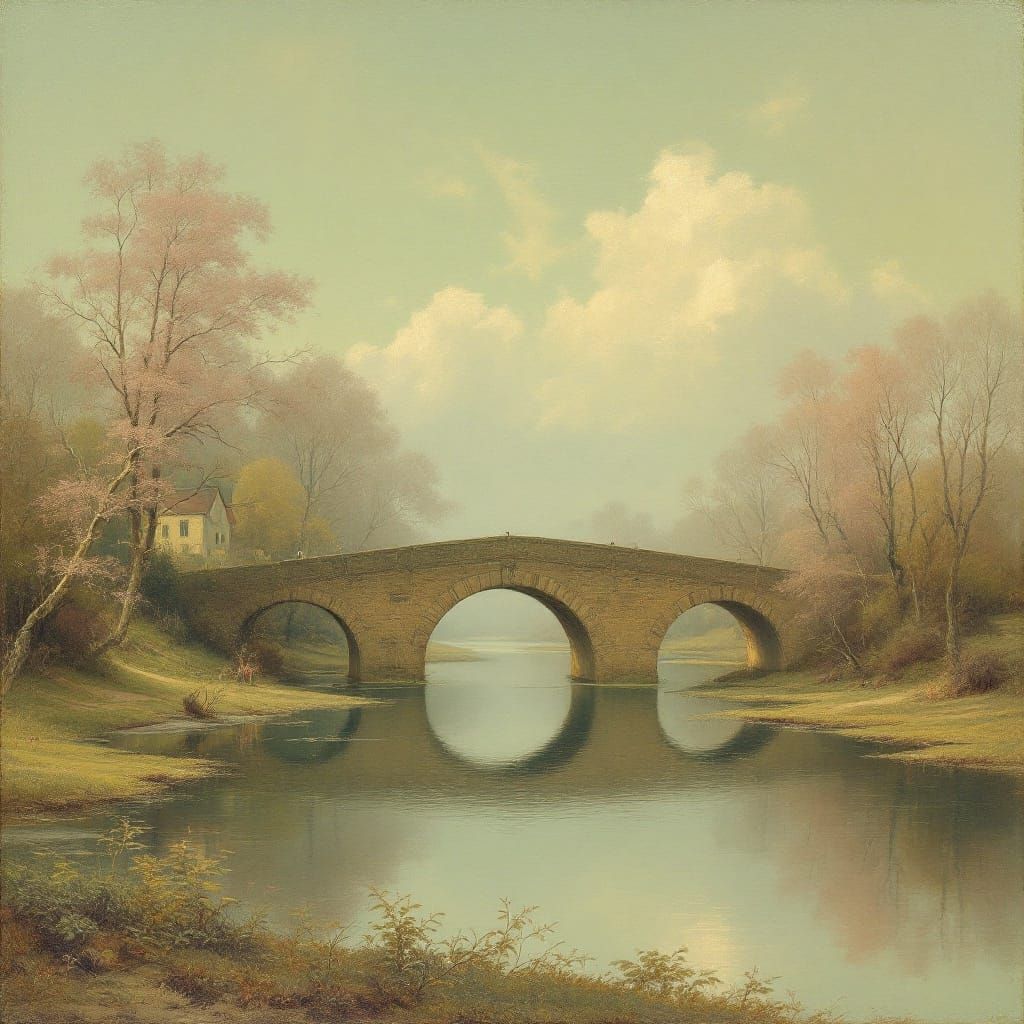 Stone Bridge Over River in Oil Painting Style