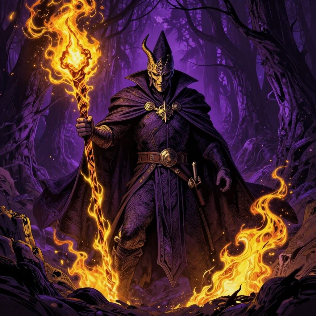 Warlock with Fiery Staff in Dark Fantasy Forest